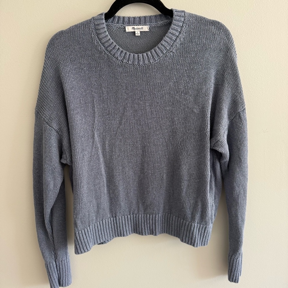 Madewell 100% Linen Drop Shoulder Sweater Crewneck Steel Blue Gray Grey